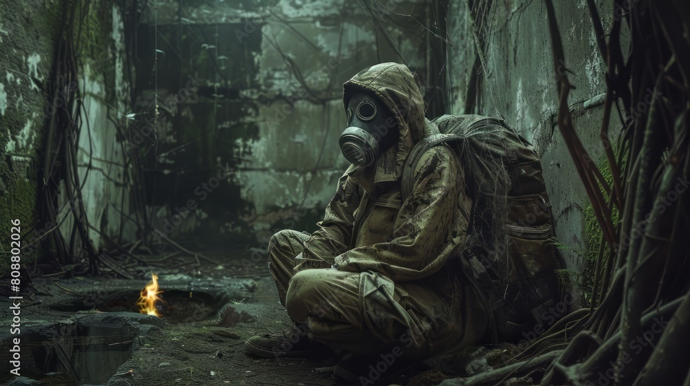 ultra realistic photo of a man in old dirty clothes and a gas mask behind an old backpack, sitting in a room against a fire ultra realistic photo of a man in old dirty clothes and a gas mask behind an old backpack, sitting in a room against a fire
