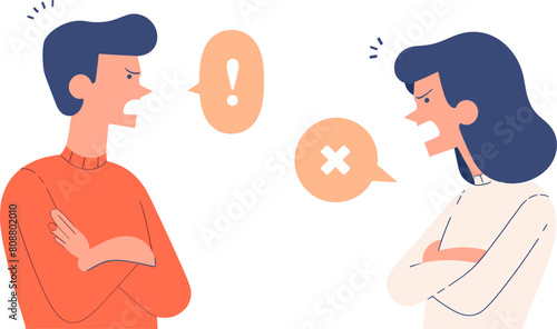 Man and woman arguing with speech bubble. Unhappy couple, quarrel, misunderstanding, aggressive conversation. Flat vector isolated.