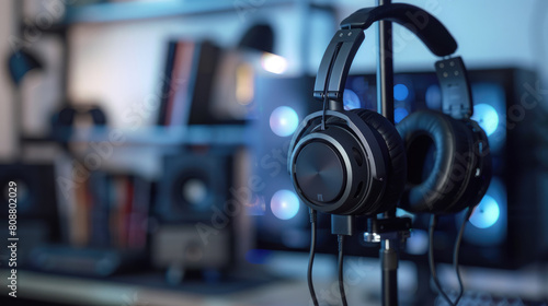 premium matte black headphones hanging on a simple modern headphone stand against a blurred background of a clean and organized modern computer table desk room © AstraNova