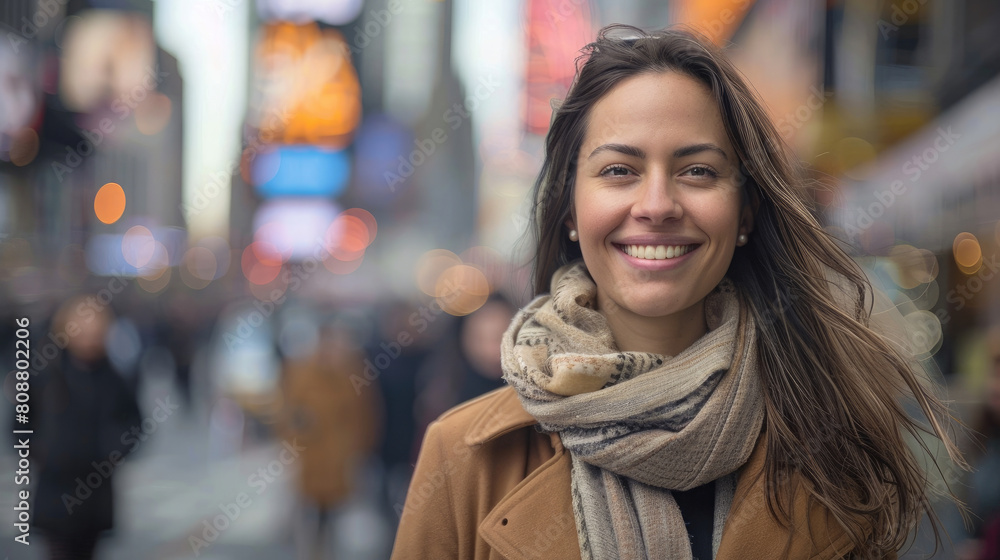 Φωτογραφία A smiling businesswoman looks ahead and stands in the middle of a busy city stre