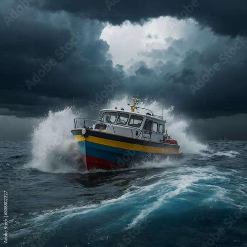 ship in the sea sailing from the rain, danger of a storm in the sea, wallpaper or graphic resource