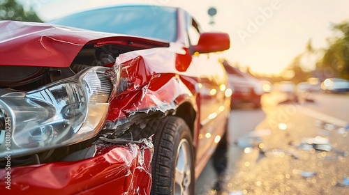 Damaged red car with crumpled bumper on a sunlit city street after a collision © John