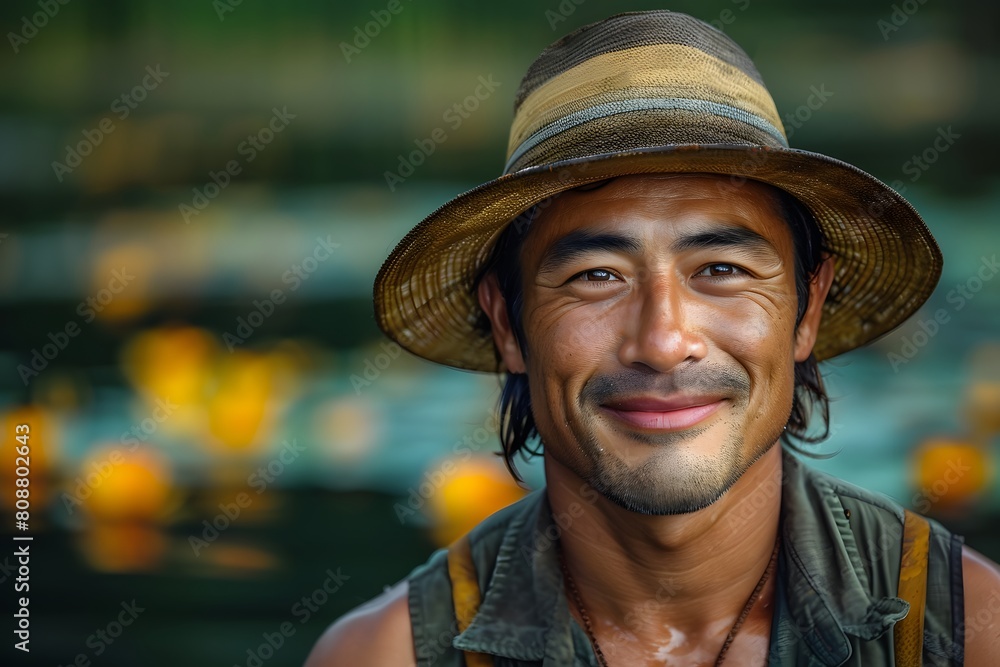 Smiling Man in Hat Against Blurred Background with Floating Lights