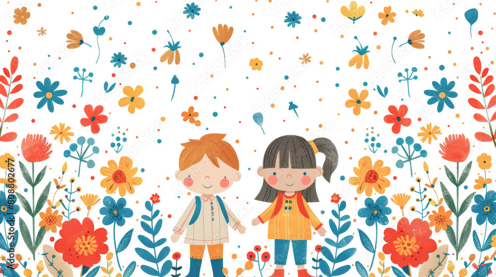 School concept, children and flowers drawn on a white background. School concept, children and flowers drawn on a white background.