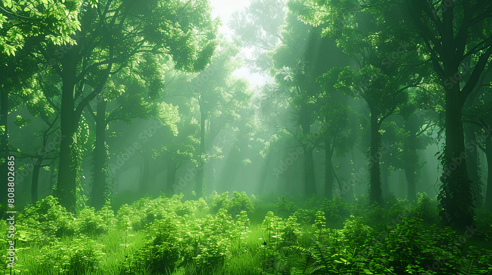 A lush green forest with sunlight shining through the trees