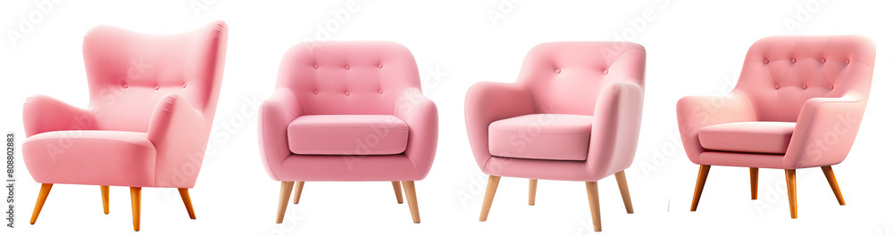 Naklejka premium Collection Comfortable pink armchair with wooden legs isolated on png transparency background