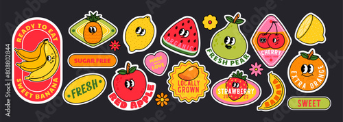 Fruit stickers. Cartoon juicy mascot label, fruits patches. Comic food character. Supermarket badge. Organic banana, green pear, eco orange, taste apple juice. Vector set © Foxy Fox