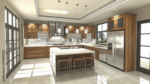 3D rendering of modern kitchen with sleek cabinets and island counter