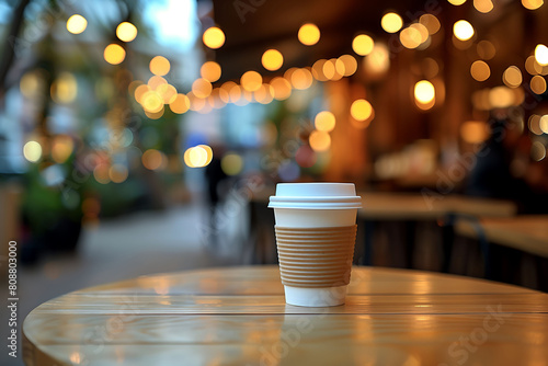 Evening Delight  Coffee Cup Under Twinkling Lights