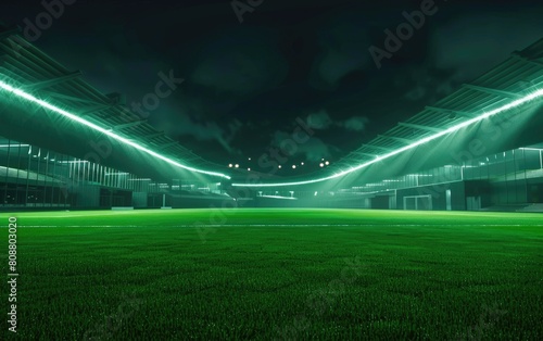 an empty soccer stadium with a lot of lights on it at night