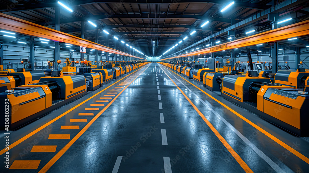 A large industrial building with orange and gray machinery A large industrial building with orange and gray machinery
