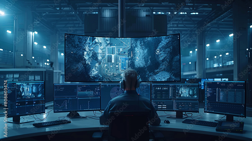 A man sits in front of a computer monitor with a large screen A man sits in front of a computer monitor with a large screen