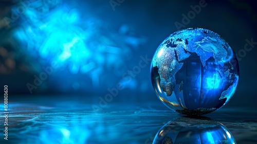 Crystal Globe on Reflective Surface Illuminated by Blue Light. Modern, Abstract Concept for Global Themes. Ideal for Corporate Use. AI