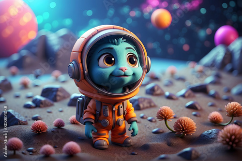 a cartoon style outer space adventure with surprised cute alien creature exploring the cosmos