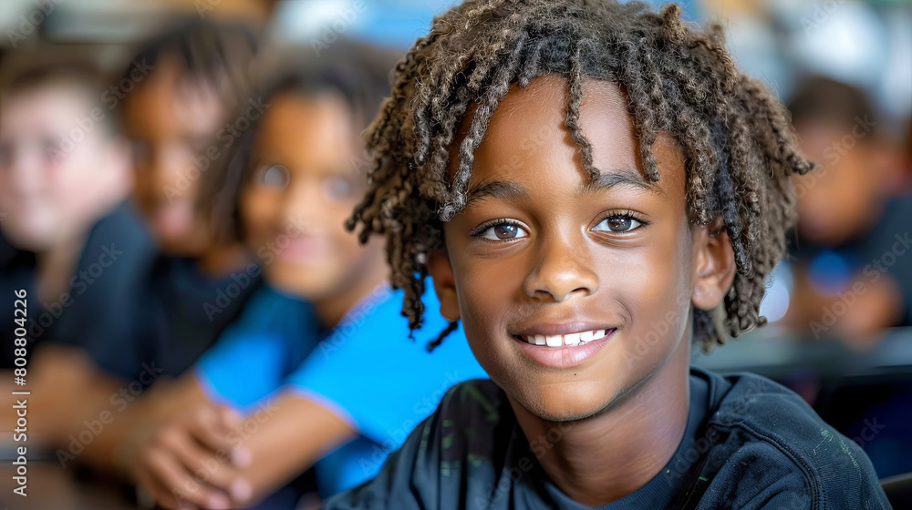 A young boy with curly hair is smiling at the camera A young boy with curly hair is smiling at the camera