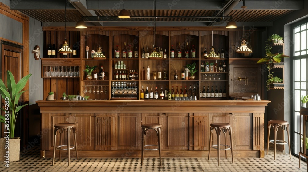3D rendering of stylish bar interior with wooden counter and cozy seating
