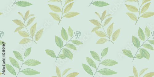 Watercolor leaves design. Illustration of drawn branches with leaves for design, seamless background, colorful hand drawn illustration for wallpaper, packaging and print