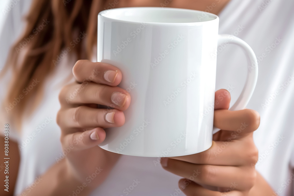 Gentle Hold: Woman Cradling a Warm White Coffee Mug Gentle Hold: Woman Cradling a Warm White Coffee Mug