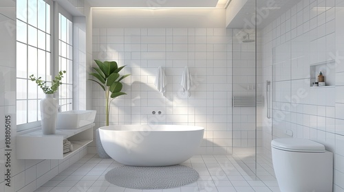 3D rendering of stylish bathroom with clean white tiles and freestanding bathtub