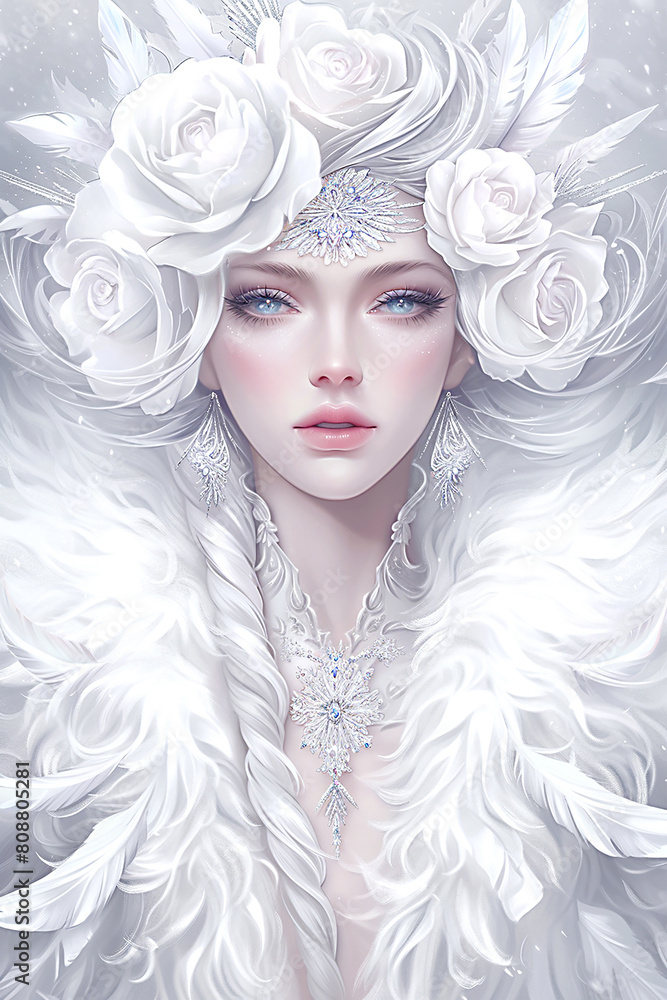 Portrait of a beautiful fantasy snow woman with white hair, snow queen, drawing, digital art, fantasy magic Portrait of a beautiful fantasy snow woman with white hair, snow queen, drawing, digital art, fantasy magic