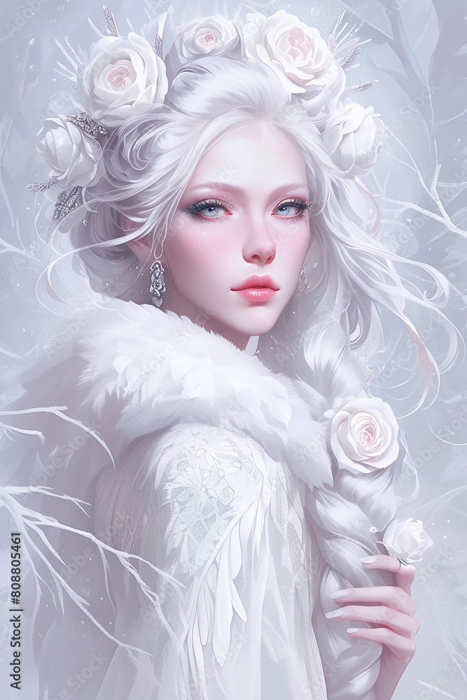 Portrait of a beautiful fantasy snow woman with white hair, snow queen, drawing, digital art, fantasy magic