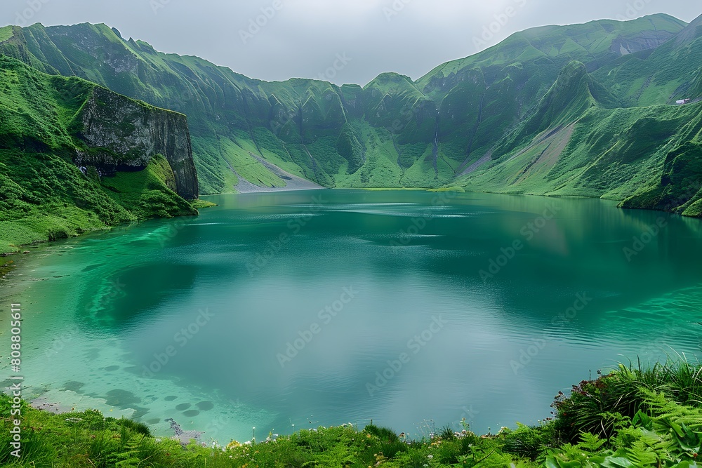 Fototapeta premium Serene Green Lakeside Mountain View with Lush Vegetation