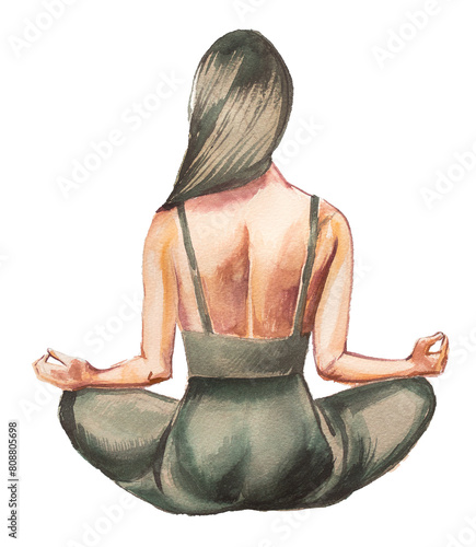 Woman doing yoga isolated on white. Meditation and mindfullness watercolor painting.
