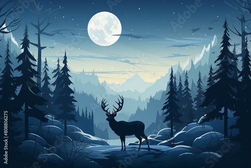 Reindeer flat design side view Arctic night 3D render Monochromatic Color Scheme
