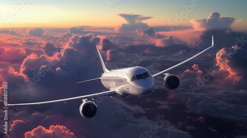 Airplane plane wing at sunset time through clouds