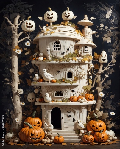 Halloween happy poster, carved black pumpkins display glowing , with flowers and leaves , post box, decoration . in a whimsical forest set, wood stumps , mushrooms, flat chest.