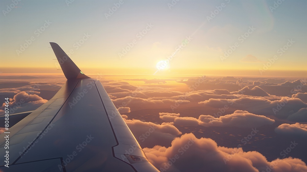Airplane plane wing at sunset time through clouds Airplane plane wing at sunset time through clouds