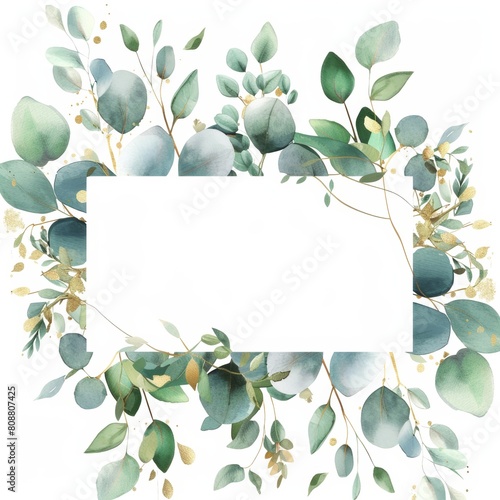 ilustración de acuarela de marco con hojas de eucalipto y detalles dorados photo