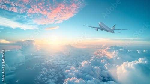 Airplane plane wing at sunset time through clouds photo