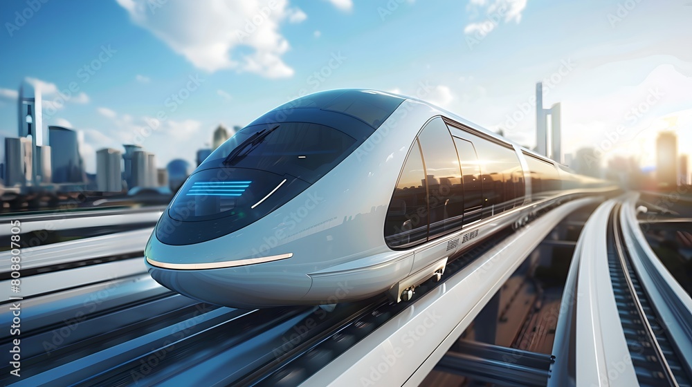Futuristic Bullet Train Speeding Through a Modern Metropolis at Sunrise. High-speed Rail Technology Concept, Public Transport Innovation. Urban Cityscape Commute Scene. AI