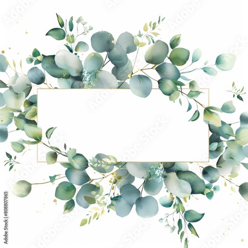 ilustración de acuarela de marco con hojas de eucalipto y detalles dorados photo