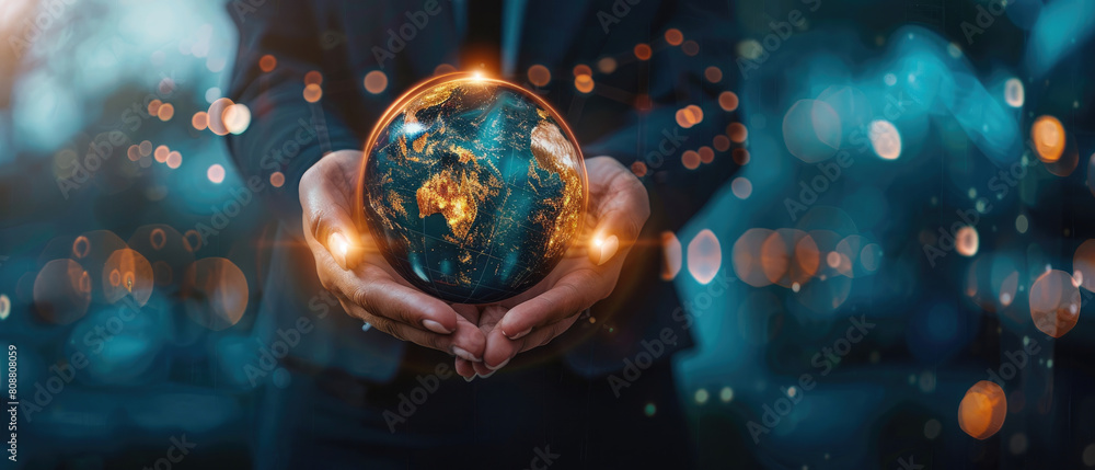 Close-up business woman hands holding shining earth globe symbolizing business innovation strategy and global world market sustainability with charts and graphs Close-up business woman hands holding shining earth globe symbolizing business innovation strategy and global world market sustainability with charts and graphs