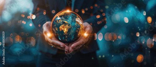Close-up business woman hands holding shining earth globe symbolizing business innovation strategy and global world market sustainability with charts and graphs created with Generative AI Technology
