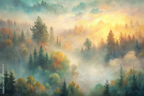 Magic forest in fog  watercolor illustrations  forest landscape  forest items  life in forest