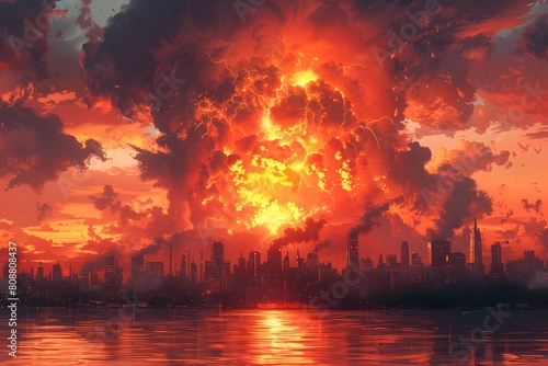 Dramatic Apocalyptic Explosion over Modern City Skyline at Sunset
