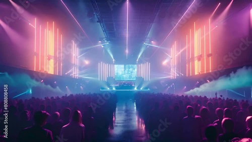 A vibrant concert stage bathed in dynamic blue and purple lights, with the crowd cheering on their favorite DJ, surrounded by large LED screens photo
