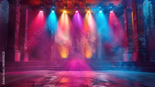 Empty glamorous stage with bright background for award show  stage lighting with spotlights for theater performance or entertainment show