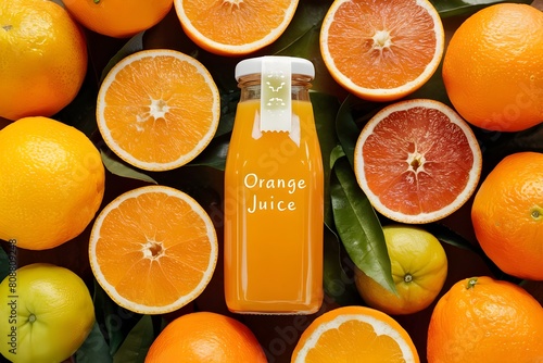 Orange juice bottle with oranges, orange juice  photo