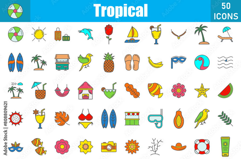tropical 50 web icons in outline filled style tropical 50 web icons in outline filled style