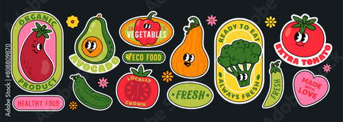 Cute vegetable sticker. Cartoon retro vegetables characters labels. Trendy supermarket food badge, promo market emblems with tomato, eggplant, organic product. Vector set