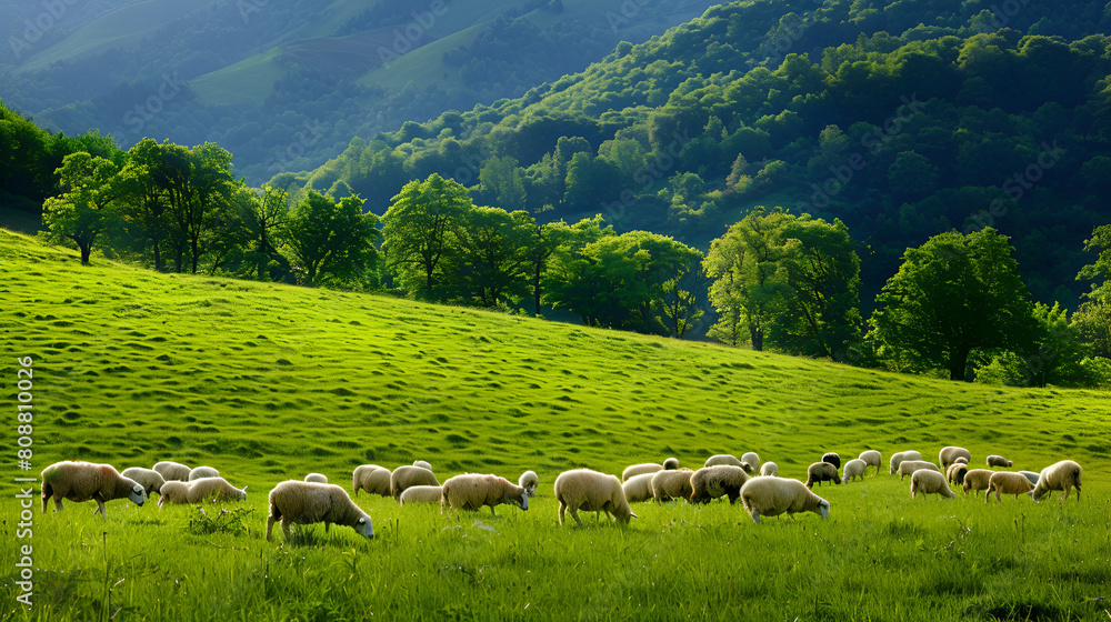 A herd of sheep grazing on a lush green hillside