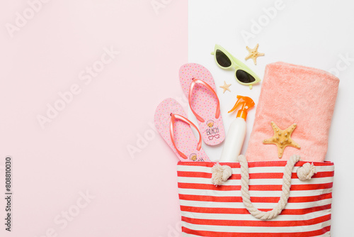 Composition with stylish beach accessories on colored background, top view. Beach fashion flat lay, summer concept. Trendy colors