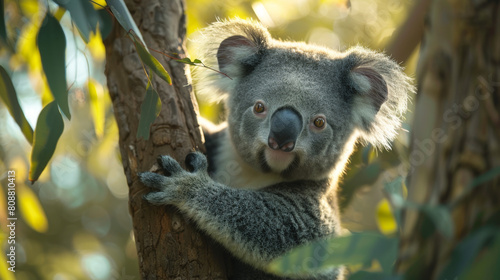 Adorable koala clinging to eucalyptus in lush forest setting.