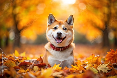 Portrait of a cute joyful Shiba Inu dog in autumn against the background of autumn leaves. A banner with a picture of a pet dog.