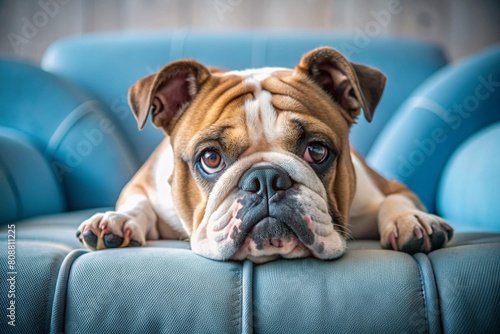 Portrait of a cute sad bulldog dog lying on a turquoise sofa. A banner with the image of a pet dog in the interior of the living room.