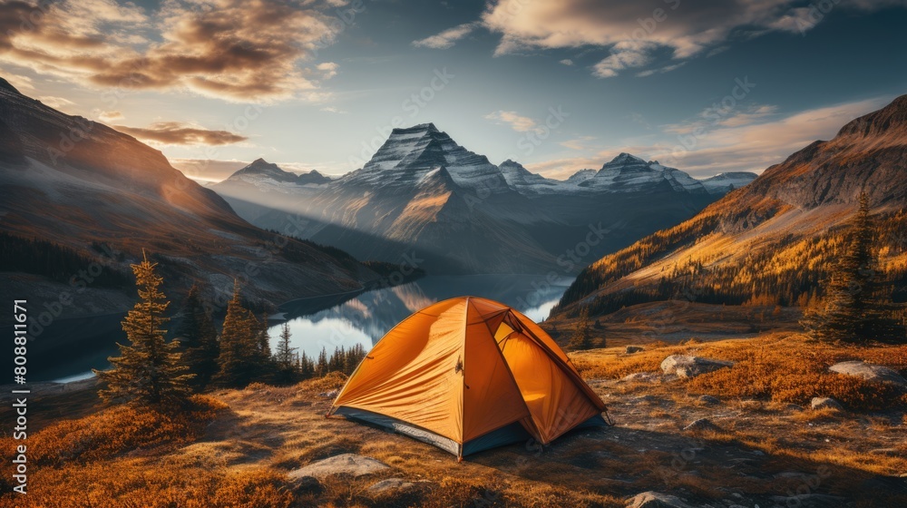Serene Sunrise Camping at Mountain Lake with Vibrant Orange Tent